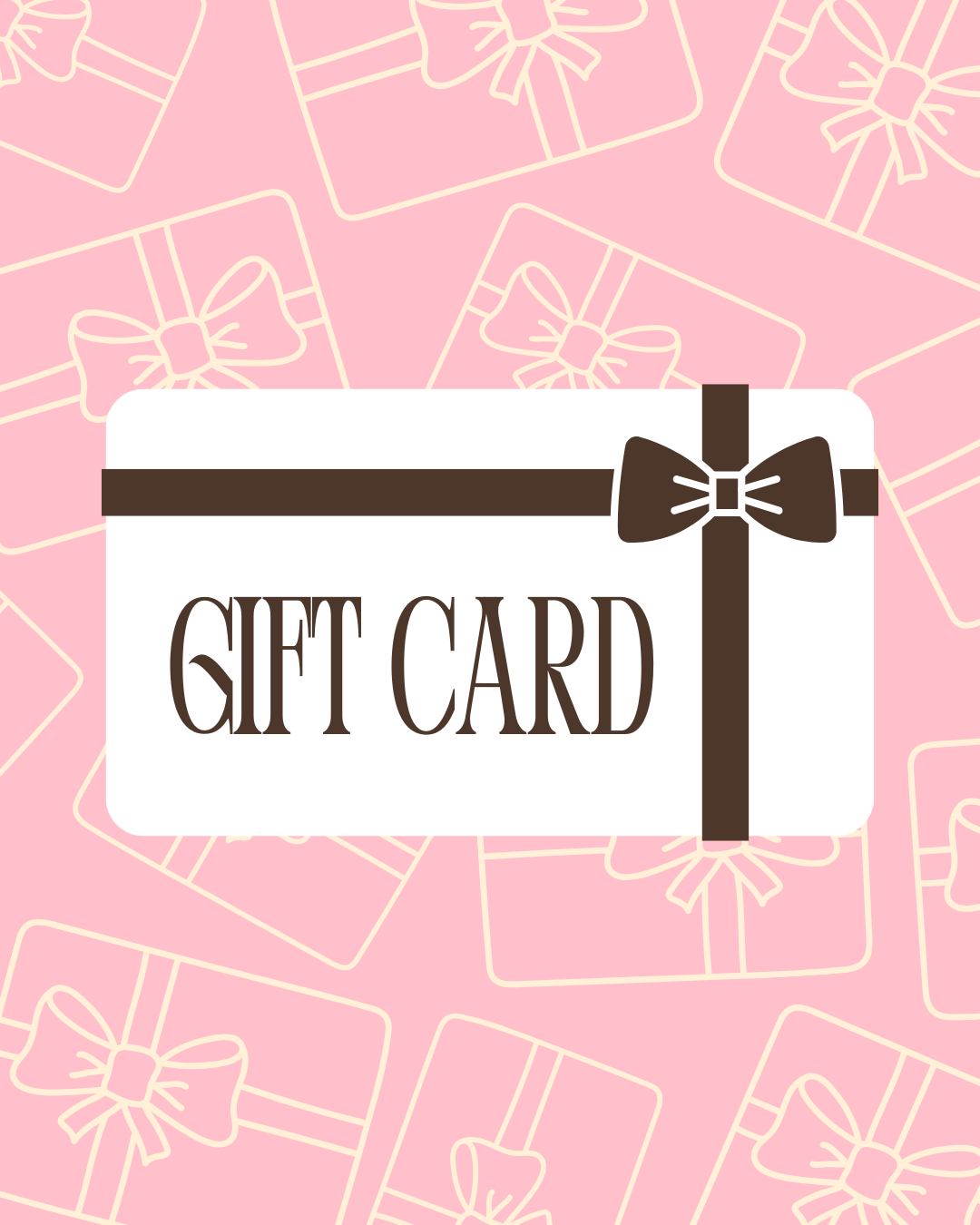 Gift card design with a bow on a pink background with gift box and bow patterns