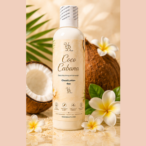 A bottle of  Coco Cabana  Lotion 4oz, styled with a coconut, palm leaves, and white plumeria flowers on a beige background.