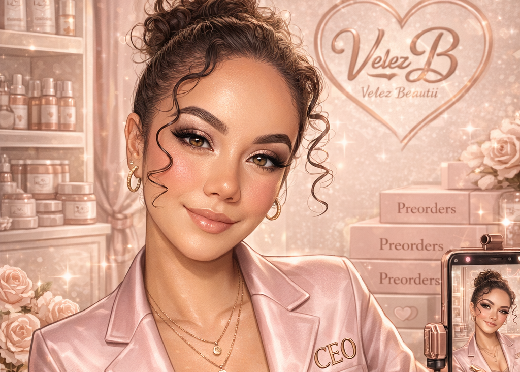 Woman in a pink satin robe with 'CEO' on it, holding a bowl of cream in a decorative room with 'Velez B' branding.